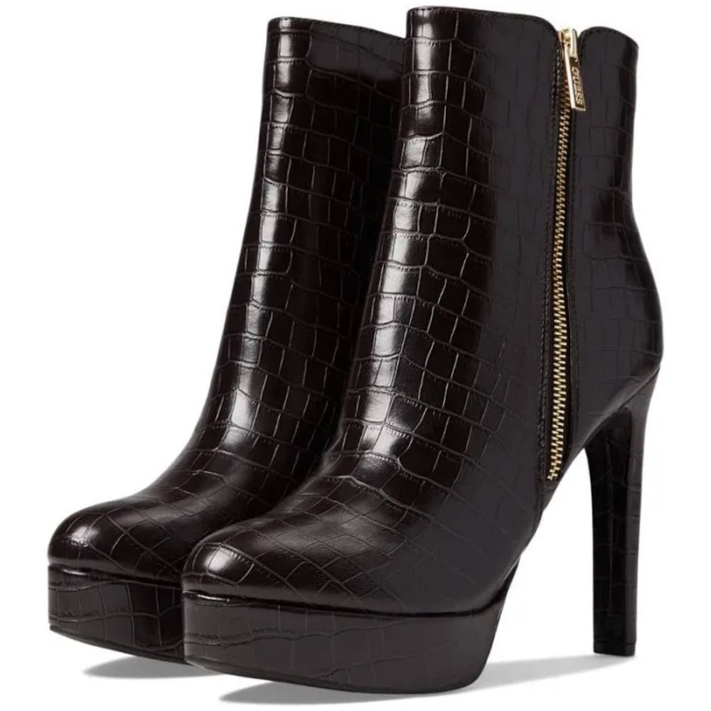 Guess brown croc embossed platform stiletto ankle boots size 10